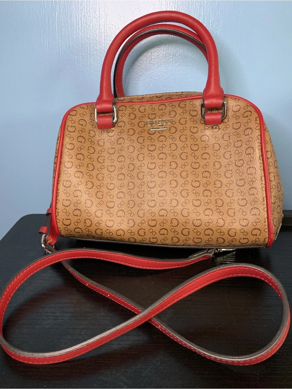 Guess Brown Monogram Satchel with Red Trim and Strap